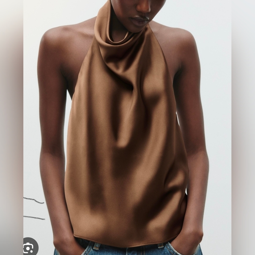 ZARA Brown Satin Halter Top Size L Sleeveless High Neck NWT